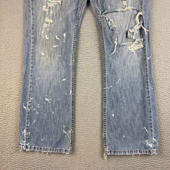 Levis Jeans Mens 36x30 Blue 527 Bootcut Slim Fit Cowboy Paint Splatter Thrashed - Picture 7 of 11